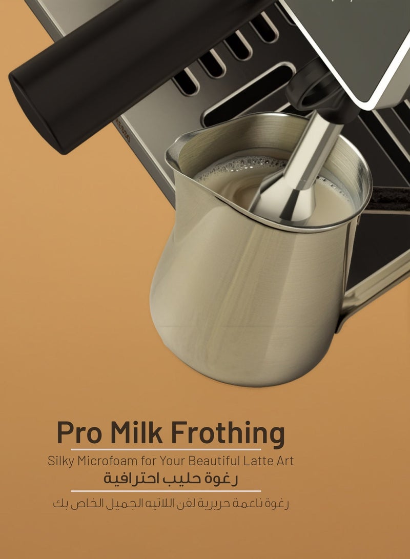 LePRESSO Semi Automatic Dual Boiler Coffee Machine with 20 Bar Pressure, Touch Display & Adjustable Grinder, Espresso Maker, Milk Steamer, Pitcher, Portafilter, Included Portafilter Bottomless 58mm Coffee Machines, Stainless Steel, Wood, Alloy(Ring), Ergonomic Design, Scoop & Tamper Included, Good for Home, Office, and more - Image 2